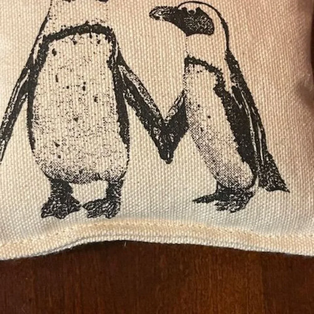 Handcrafted Eric & Christopher Penguin Print Burlap Mini Pillow Ornament Holiday
